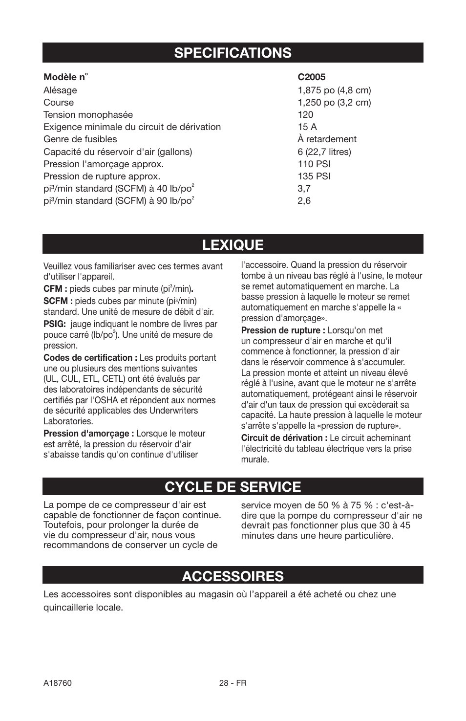 Lexique accessoires, Cycle de service, Specifications | Porter-Cable A18760-1006-1 User Manual | Page 28 / 60