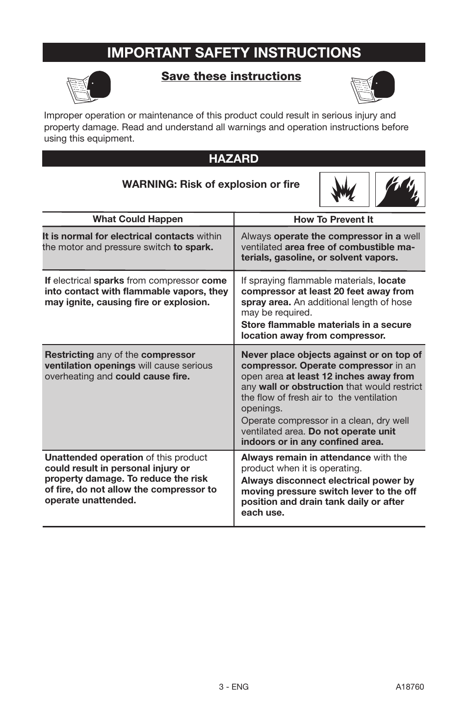 Important safety instructions, Save these instructions, Hazard | Porter-Cable A18760-1006-1 User Manual | Page 3 / 60