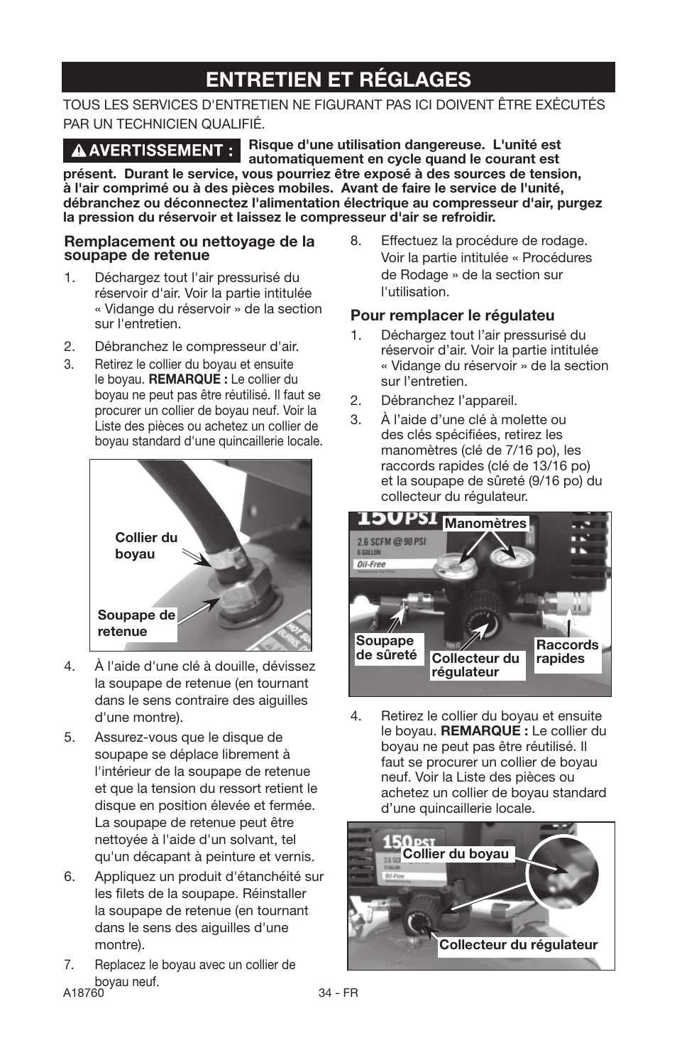 Entretien et réglages | Porter-Cable A18760-1006-1 User Manual | Page 34 / 60