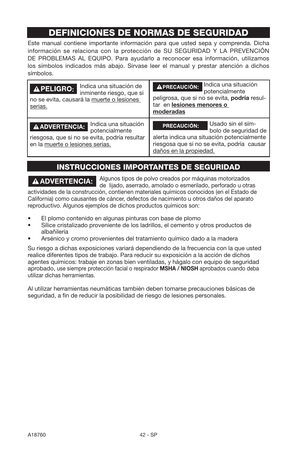 Definiciones de normas de seguridad, Instrucciones importantes de seguridad | Porter-Cable A18760-1006-1 User Manual | Page 42 / 60