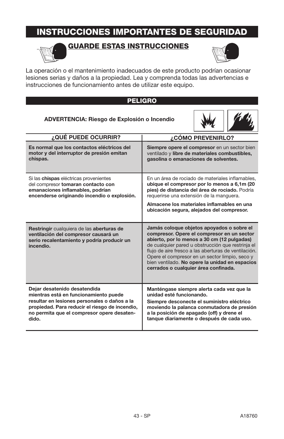 Instrucciones importantes de seguridad, Guarde estas instrucciones | Porter-Cable A18760-1006-1 User Manual | Page 43 / 60