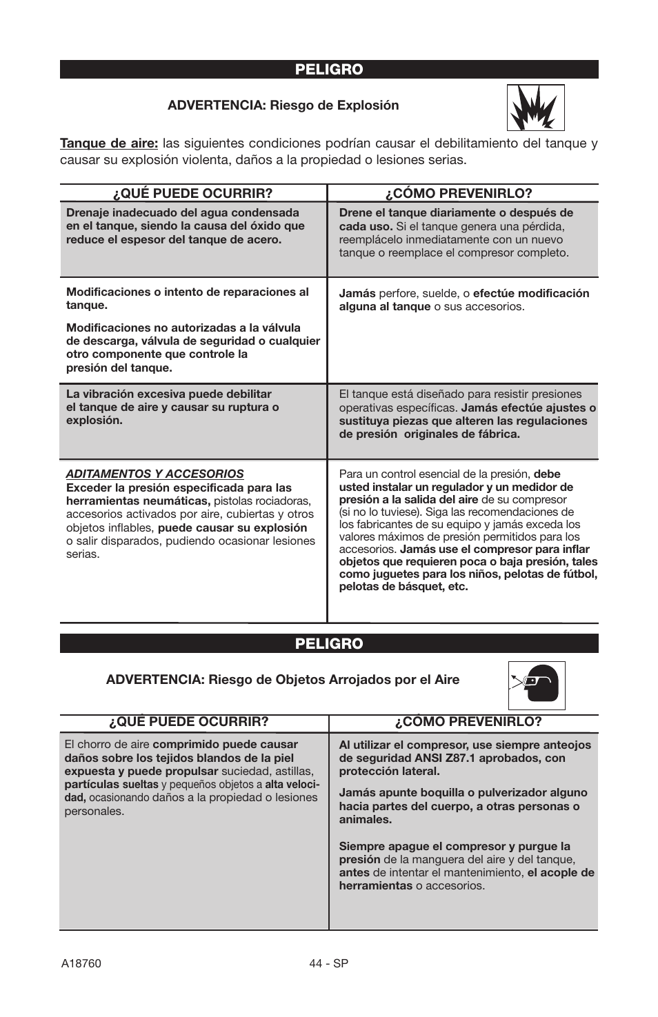 Peligro | Porter-Cable A18760-1006-1 User Manual | Page 44 / 60