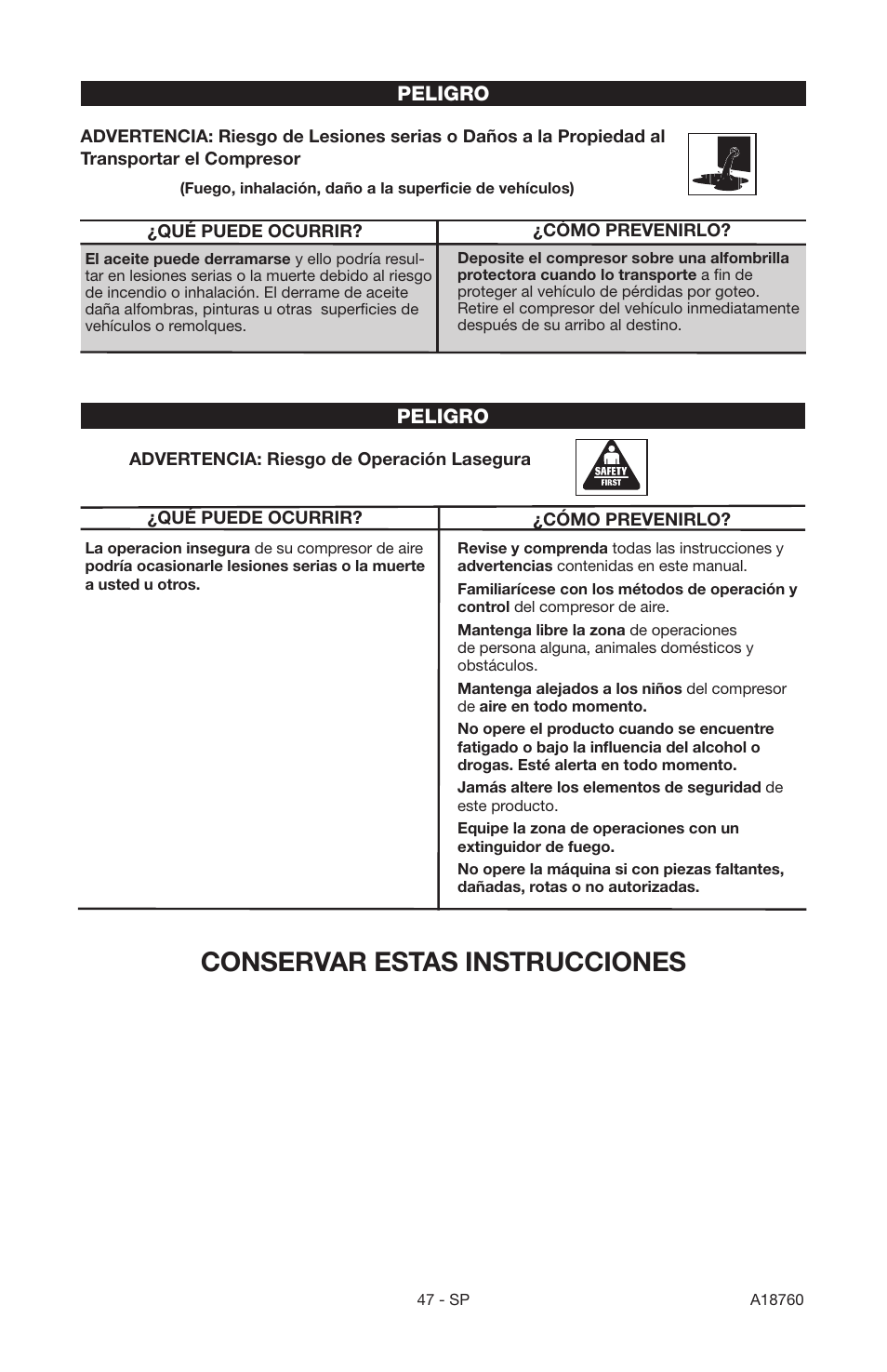 Conservar estas instrucciones | Porter-Cable A18760-1006-1 User Manual | Page 47 / 60