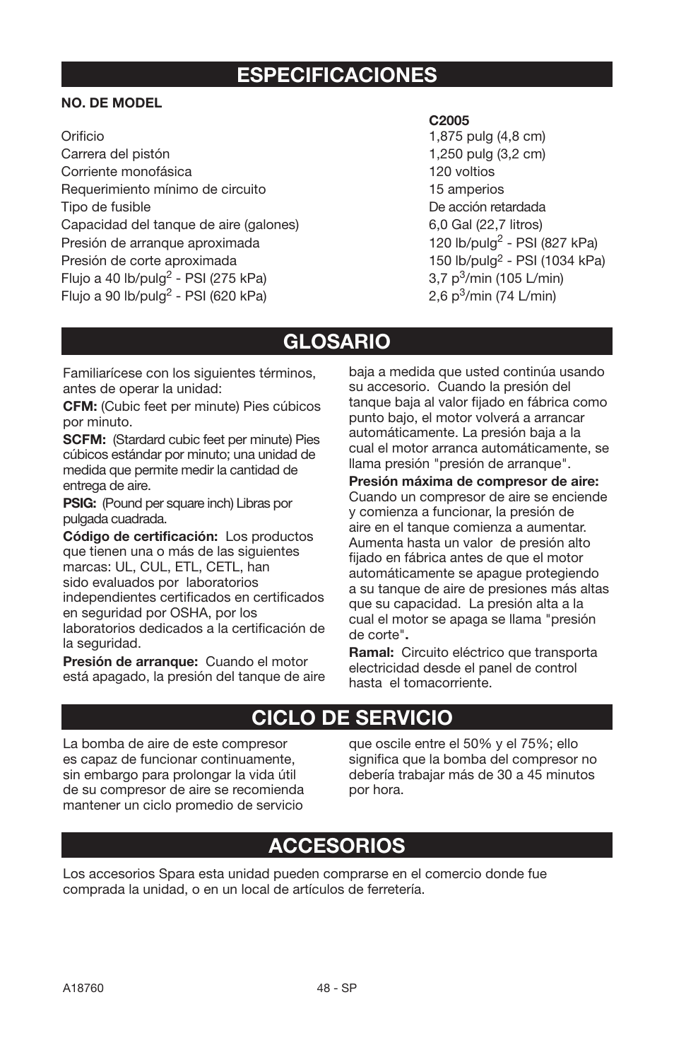 Glosario ciclo de servicio accesorios, Especificaciones | Porter-Cable A18760-1006-1 User Manual | Page 48 / 60