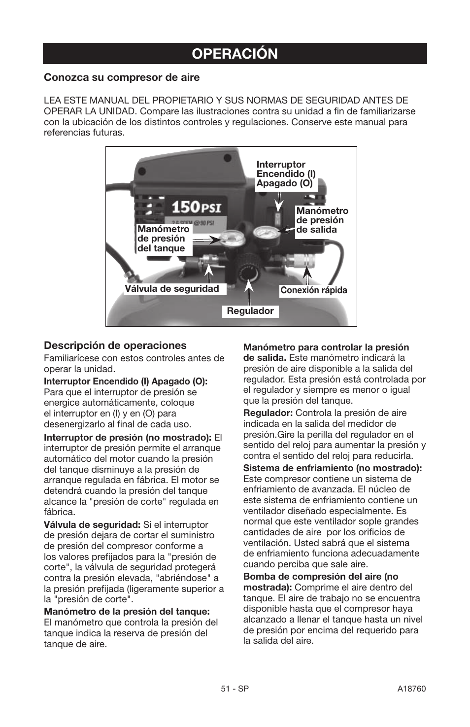 Operación | Porter-Cable A18760-1006-1 User Manual | Page 51 / 60