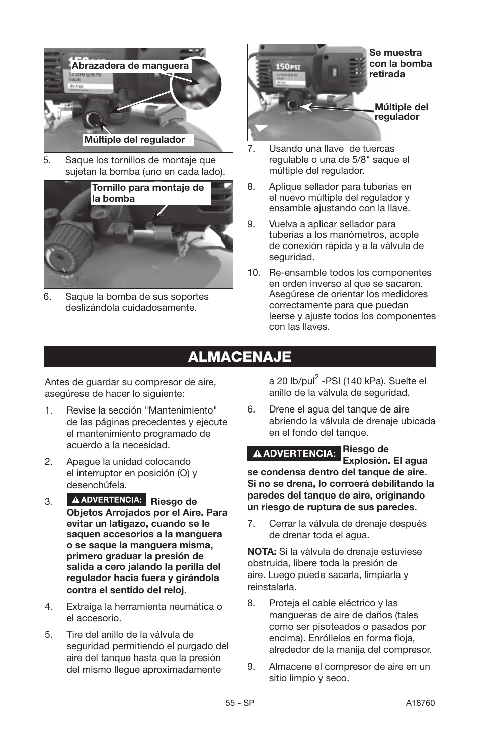 Almacenaje | Porter-Cable A18760-1006-1 User Manual | Page 55 / 60