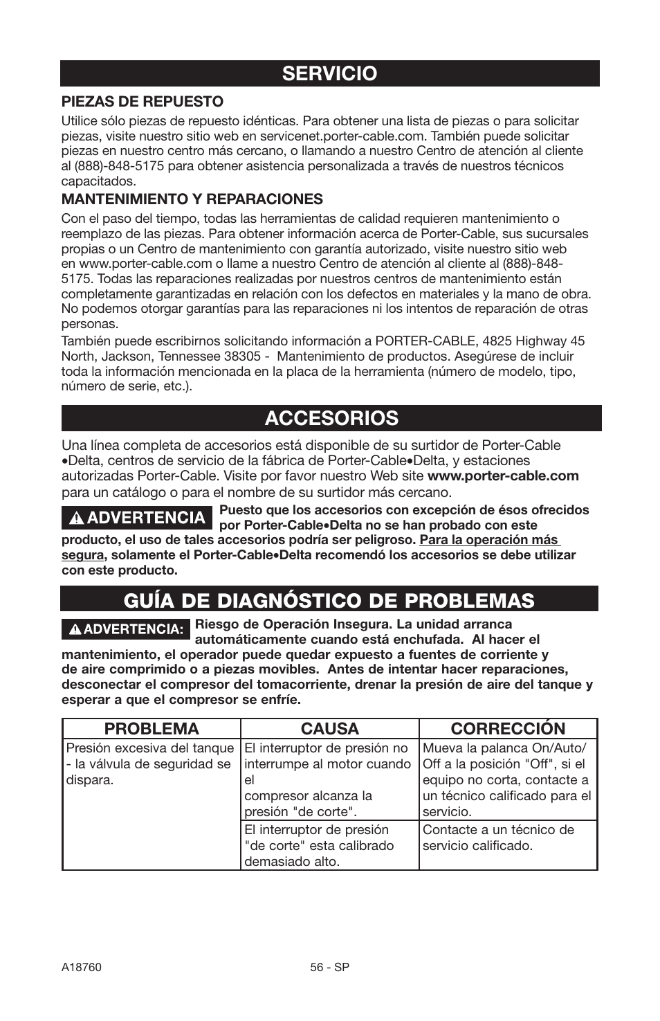 Accesorios servicio, Guía de diagnóstico de problemas | Porter-Cable A18760-1006-1 User Manual | Page 56 / 60