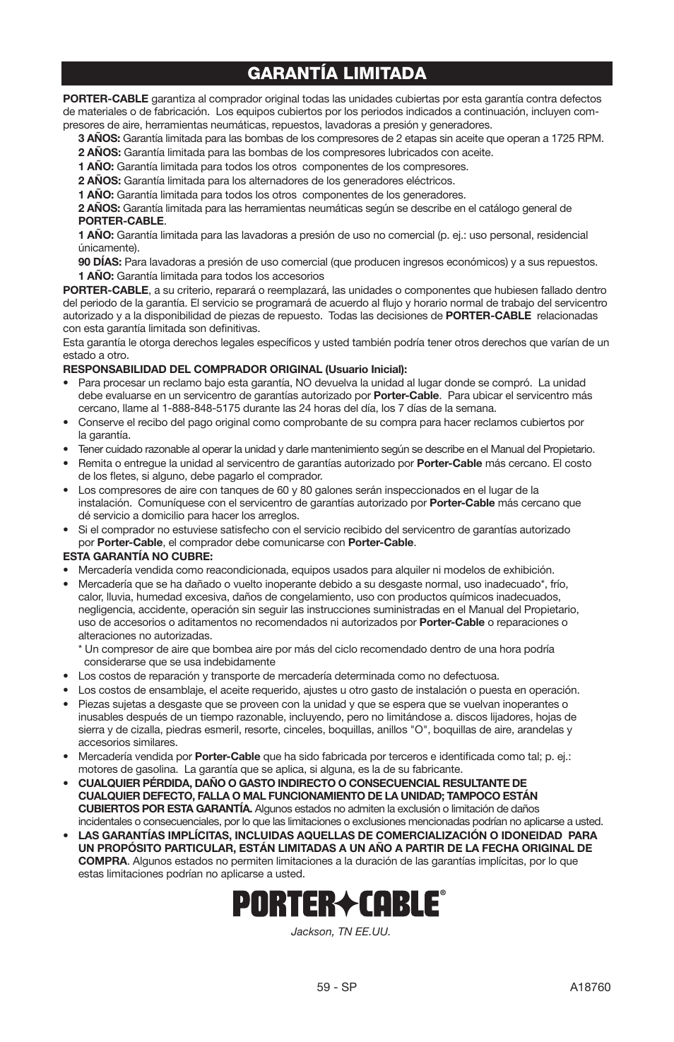 Garantía limitada | Porter-Cable A18760-1006-1 User Manual | Page 59 / 60