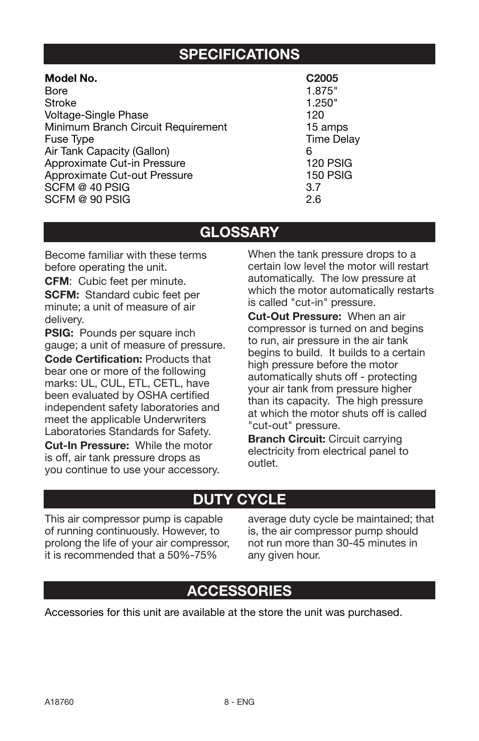 Glossary duty cycle, Accessories, Specifications | Porter-Cable A18760-1006-1 User Manual | Page 8 / 60