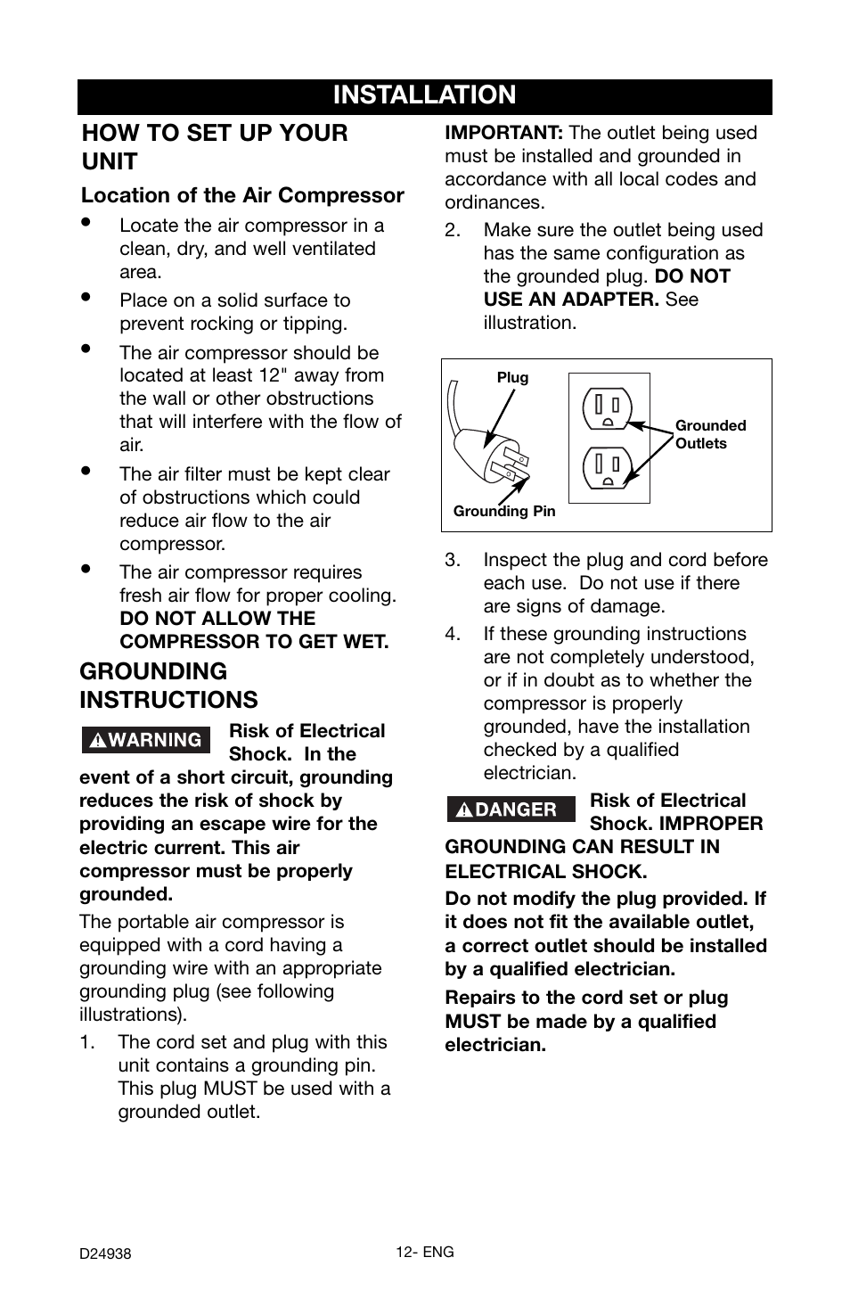 Installation, Grounding instructions, How to set up your unit | Location of the air compressor | Porter-Cable D24938-044-2 User Manual | Page 12 / 28