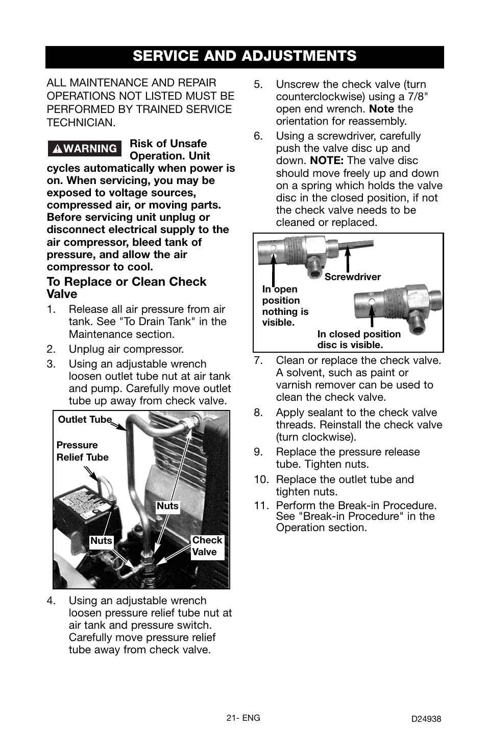 Service and adjustments | Porter-Cable D24938-044-2 User Manual | Page 21 / 28