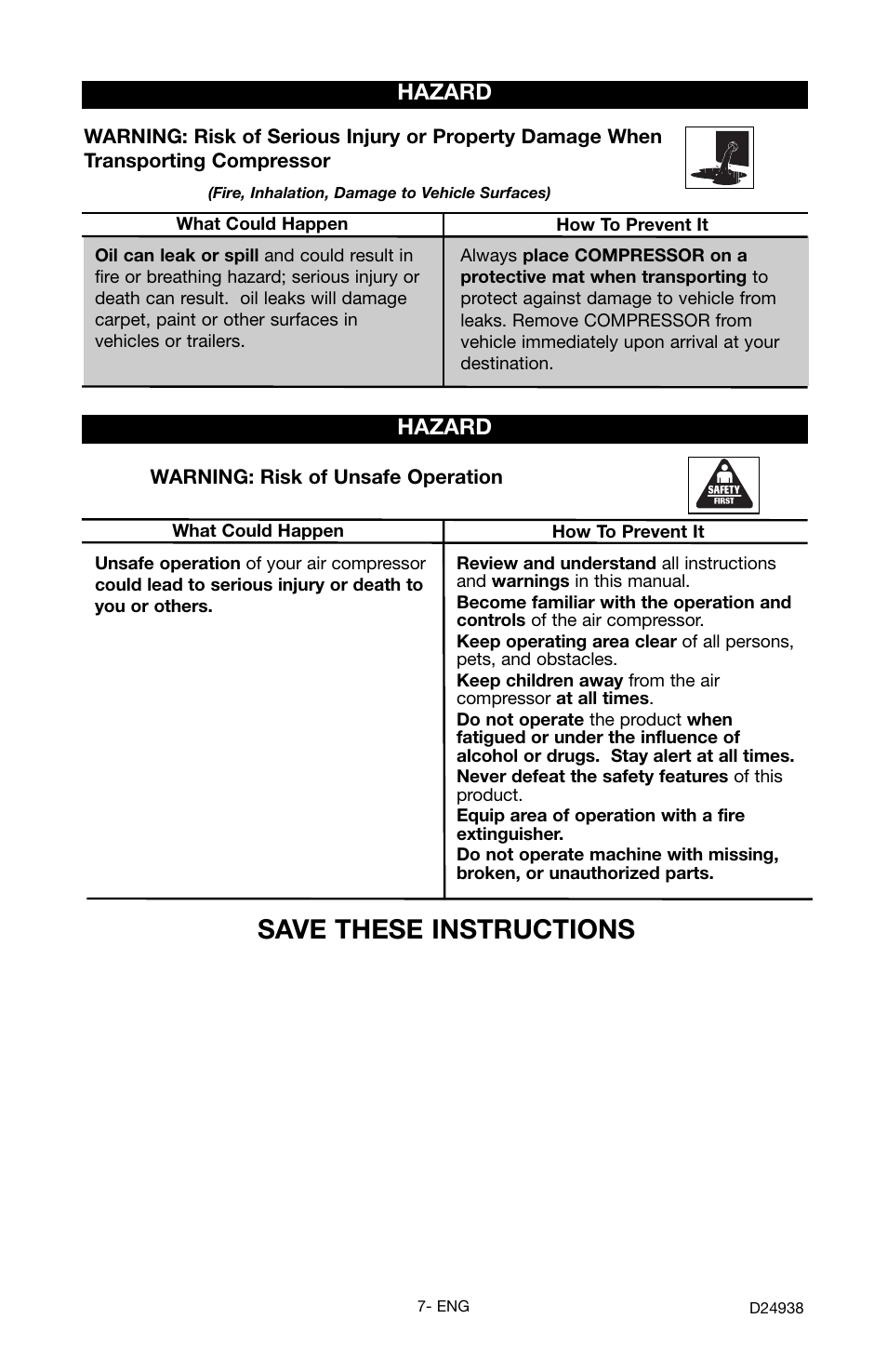 Save these instructions, Hazard | Porter-Cable D24938-044-2 User Manual | Page 7 / 28