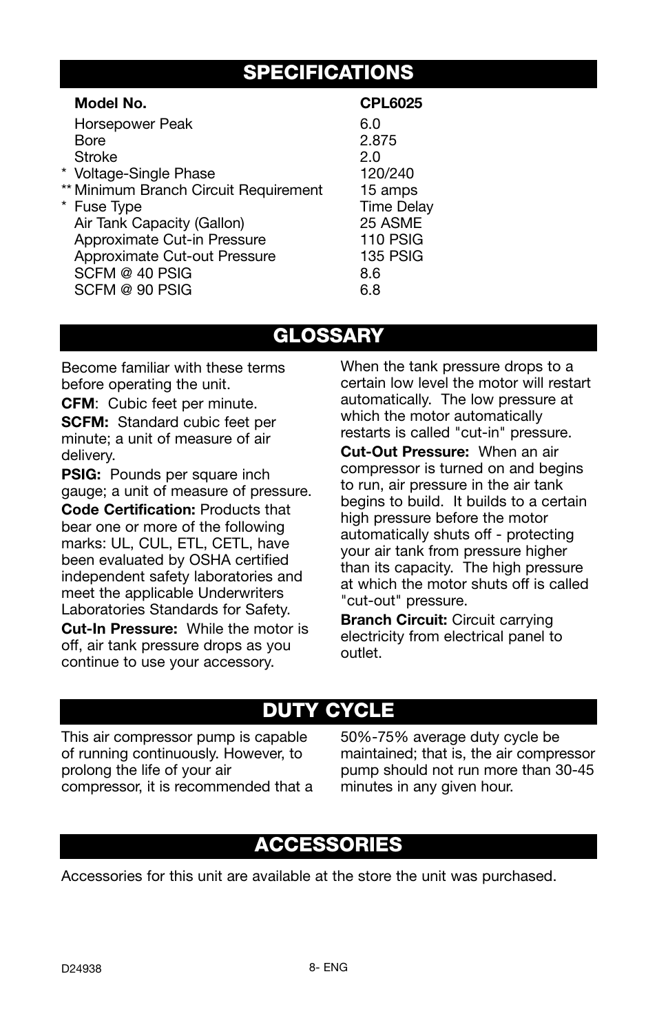 Glossary duty cycle specifications, Accessories | Porter-Cable D24938-044-2 User Manual | Page 8 / 28