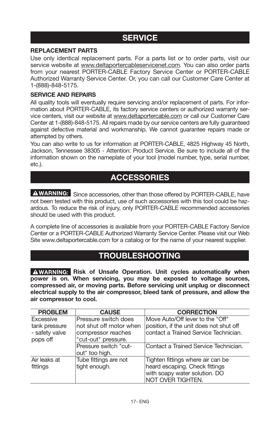 Service, Accessories, Troubleshooting | Replacement parts | Porter-Cable C6110 User Manual | Page 17 / 72