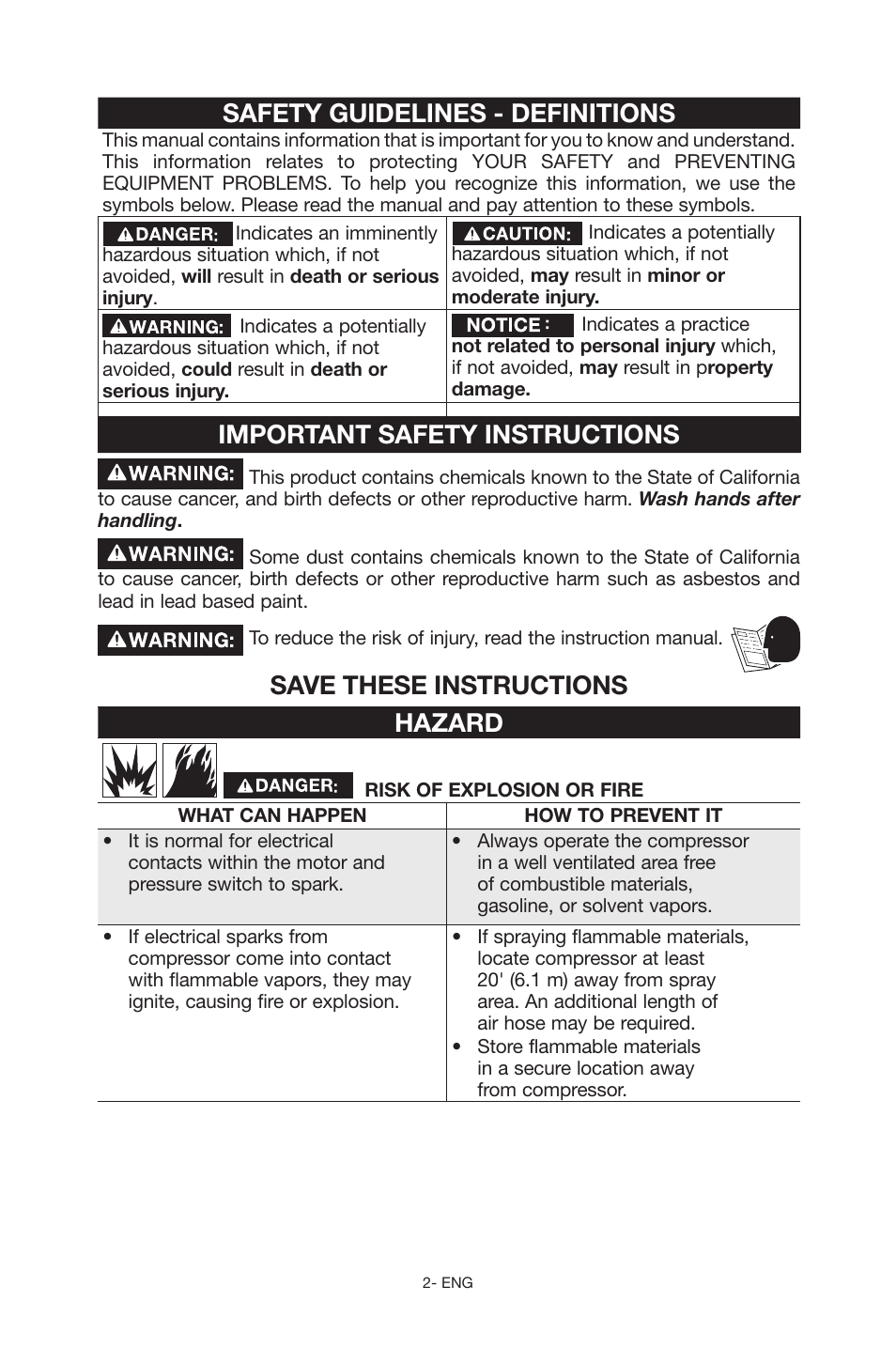 Safety guidelines - definitions, Important safety instructions, Save these instructions hazard | Porter-Cable C6110 User Manual | Page 2 / 72