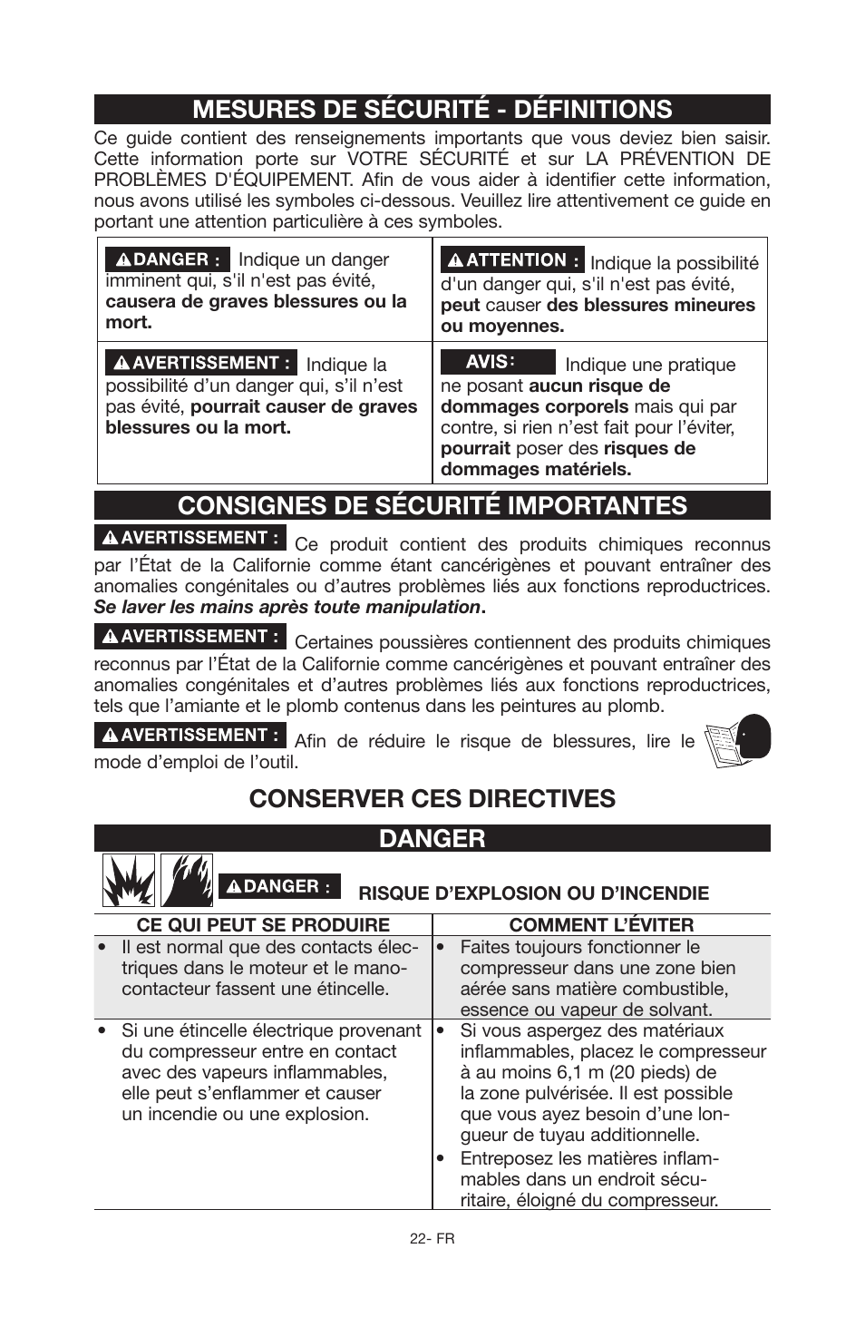 Mesures de sécurité - définitions, Consignes de sécurité importantes, Conserver ces directives danger | Porter-Cable C6110 User Manual | Page 22 / 72