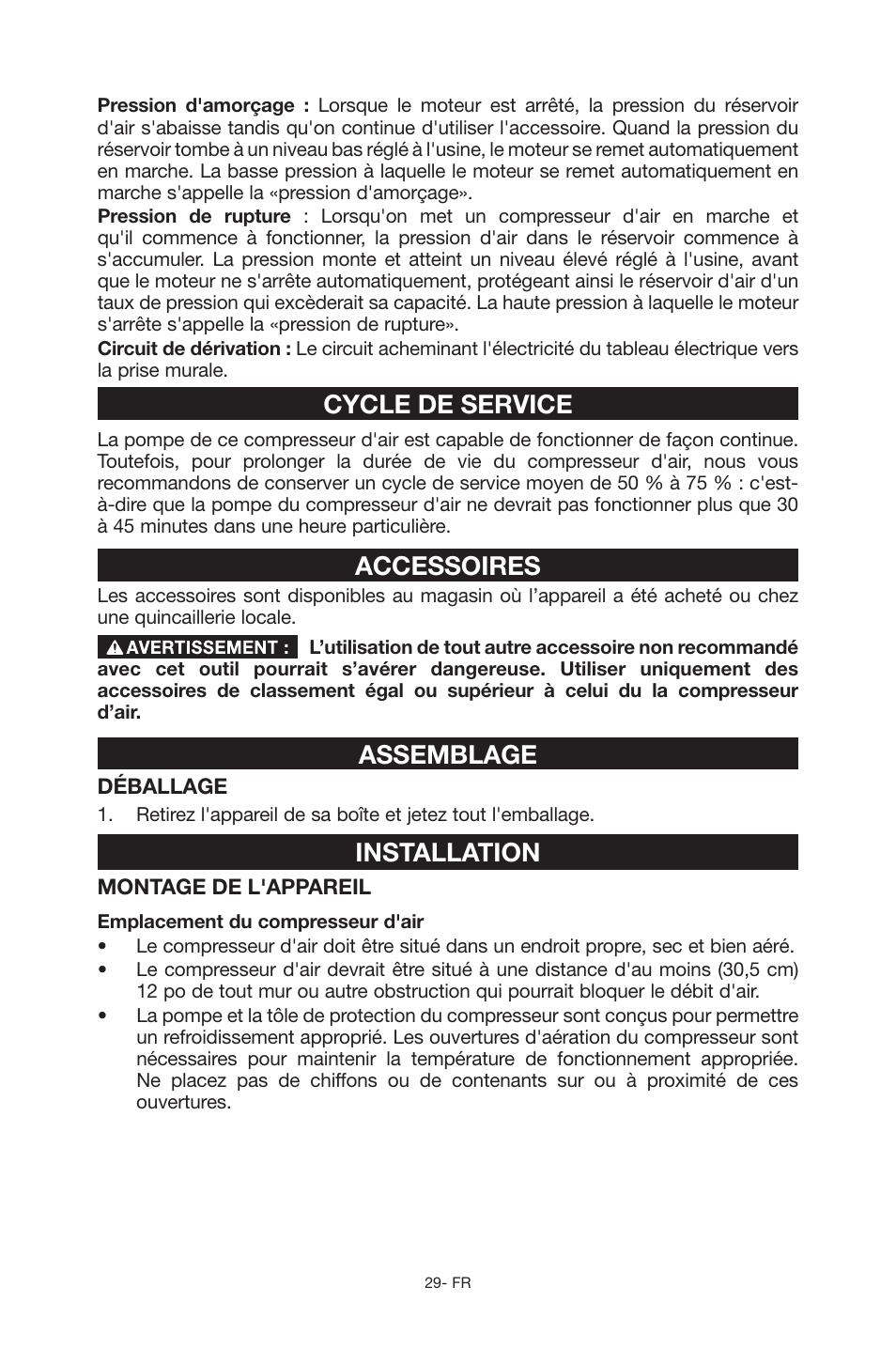 Cycle de service, Accessoires, Assemblage | Installation | Porter-Cable C6110 User Manual | Page 29 / 72