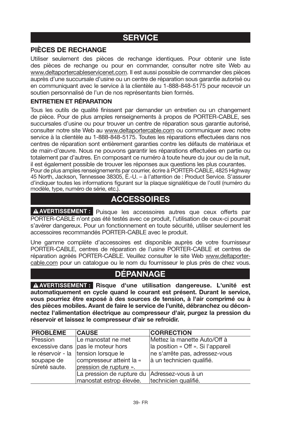Service, Accessoires, Dépannage | Porter-Cable C6110 User Manual | Page 39 / 72