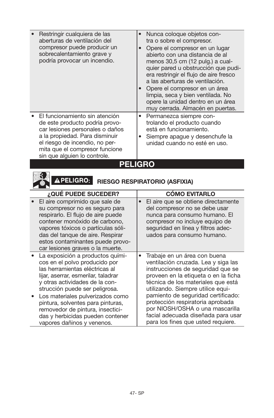 Peligro | Porter-Cable C6110 User Manual | Page 47 / 72