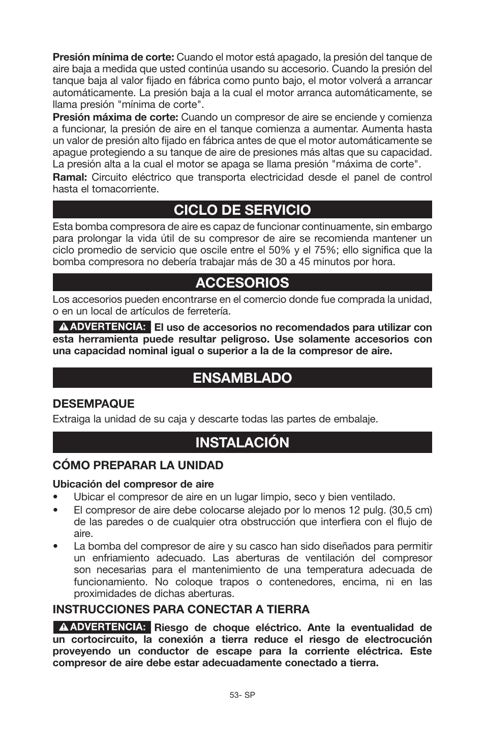 Ciclo de servicio, Accesorios, Ensamblado | Instalación | Porter-Cable C6110 User Manual | Page 53 / 72