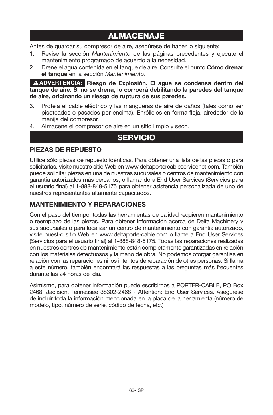 Almacenaje, Servicio | Porter-Cable C6110 User Manual | Page 63 / 72