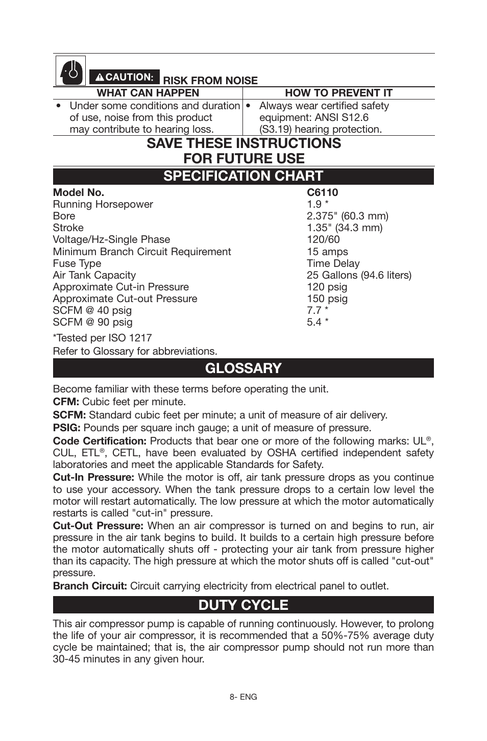 Glossary, Duty cycle | Porter-Cable C6110 User Manual | Page 8 / 72