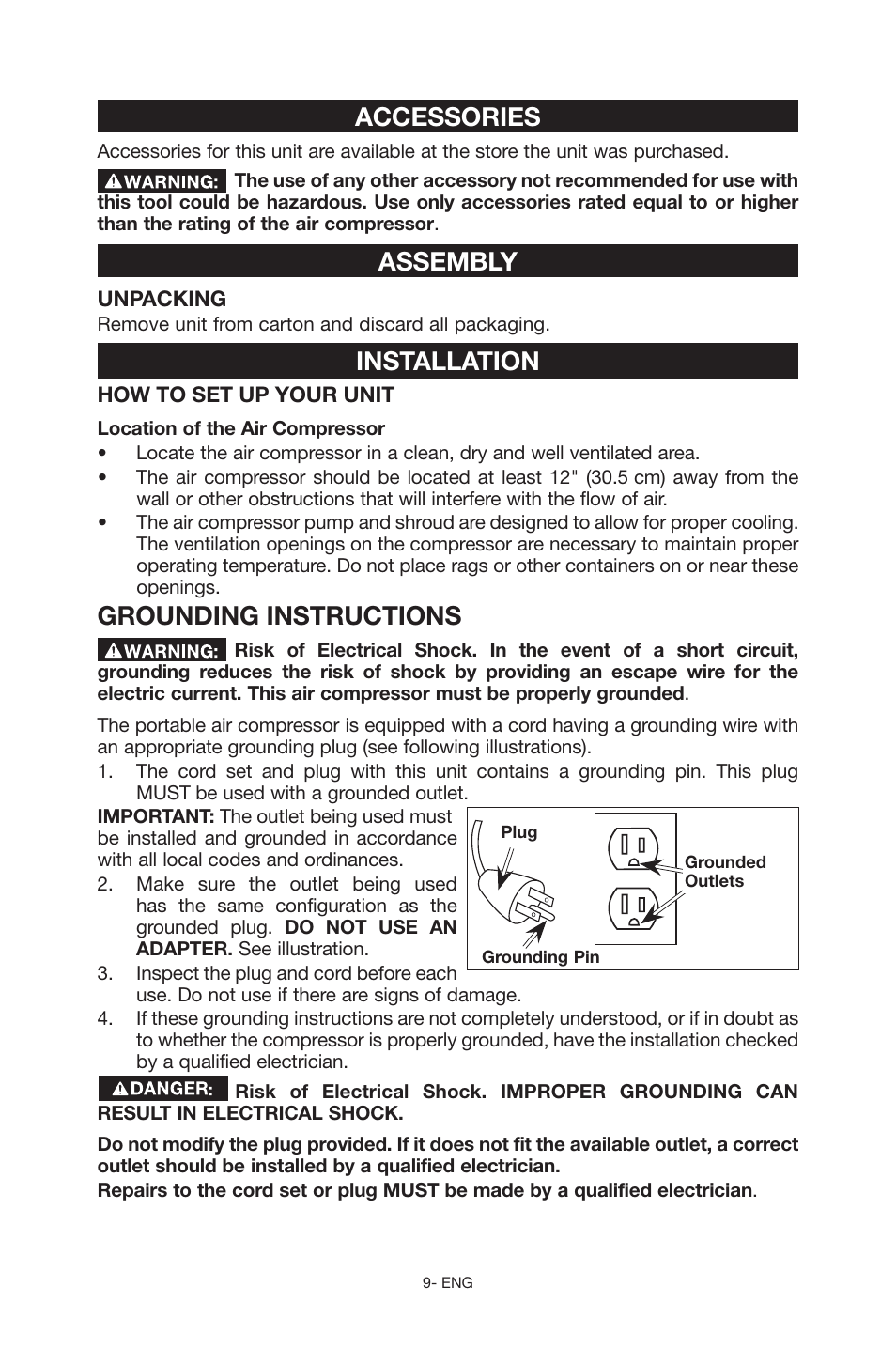 Accessories, Assembly, Installation | Grounding instructions | Porter-Cable C6110 User Manual | Page 9 / 72