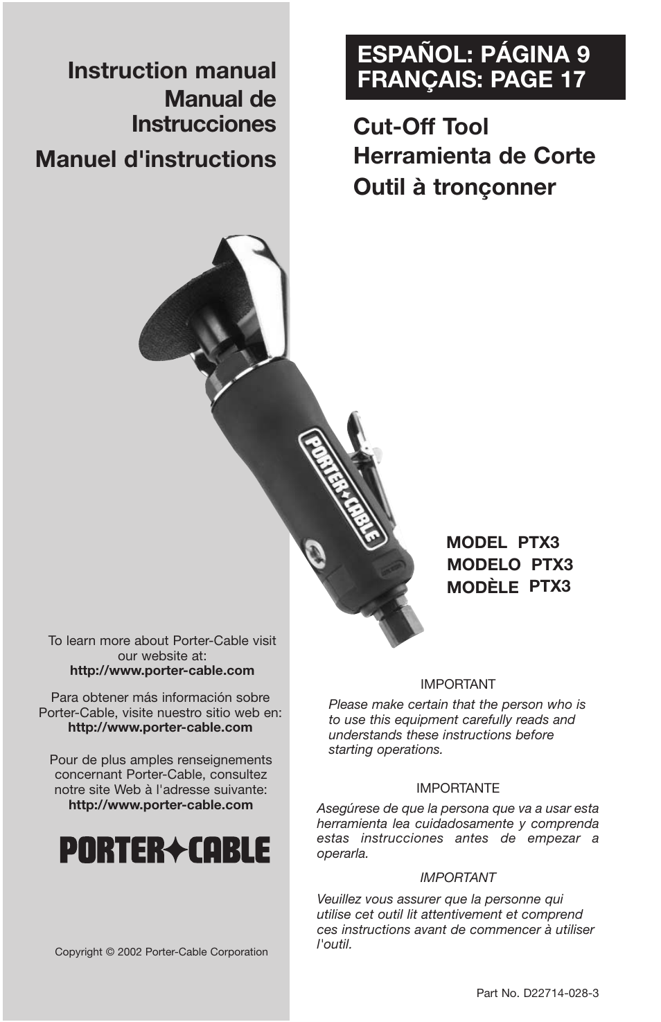 Porter-Cable PTX3 User Manual | 8 pages