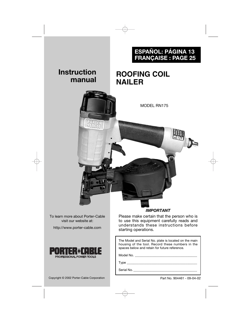 Porter-Cable RN175 User Manual | 13 pages
