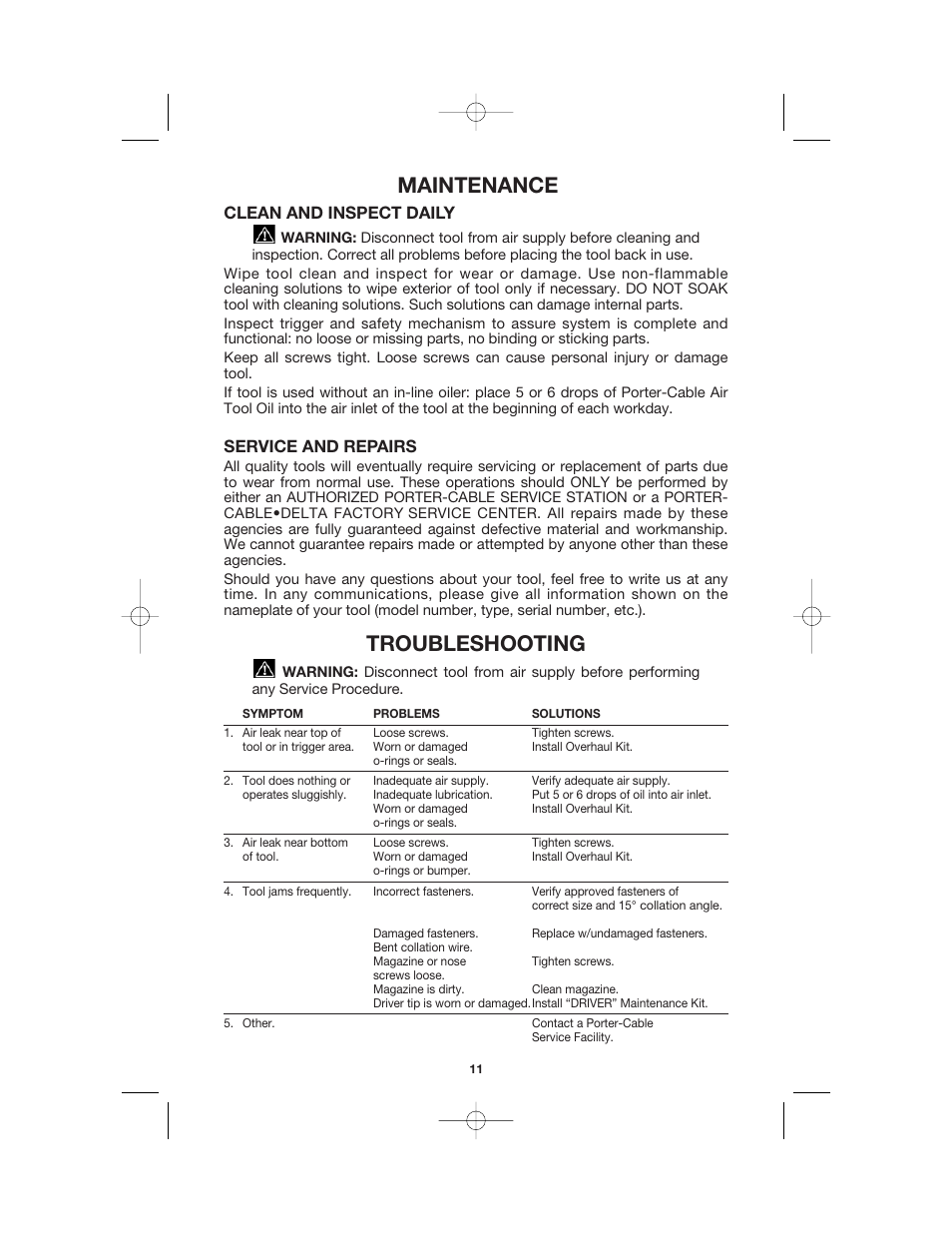 Maintenance, Troubleshooting, Clean and inspect daily | Service and repairs | Porter-Cable RN175 User Manual | Page 11 / 13
