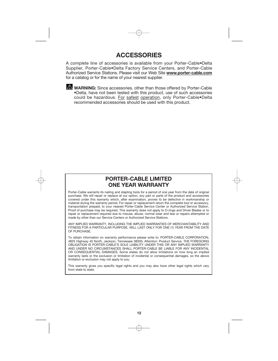 Accessories, Porter-cable limited one year warranty | Porter-Cable RN175 User Manual | Page 12 / 13