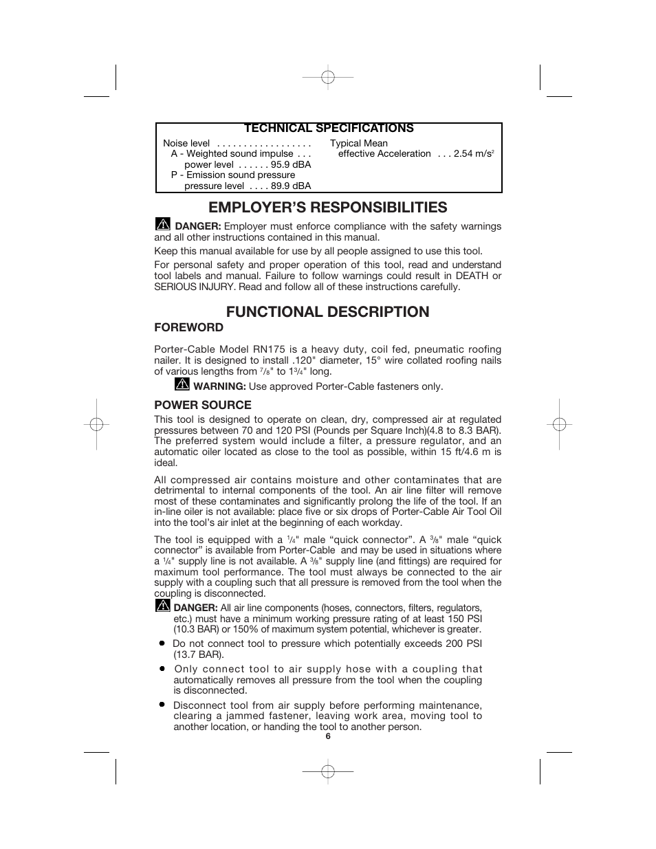 Employer’s responsibilities, Functional description, Foreword | Power source, Technical specifications | Porter-Cable RN175 User Manual | Page 6 / 13