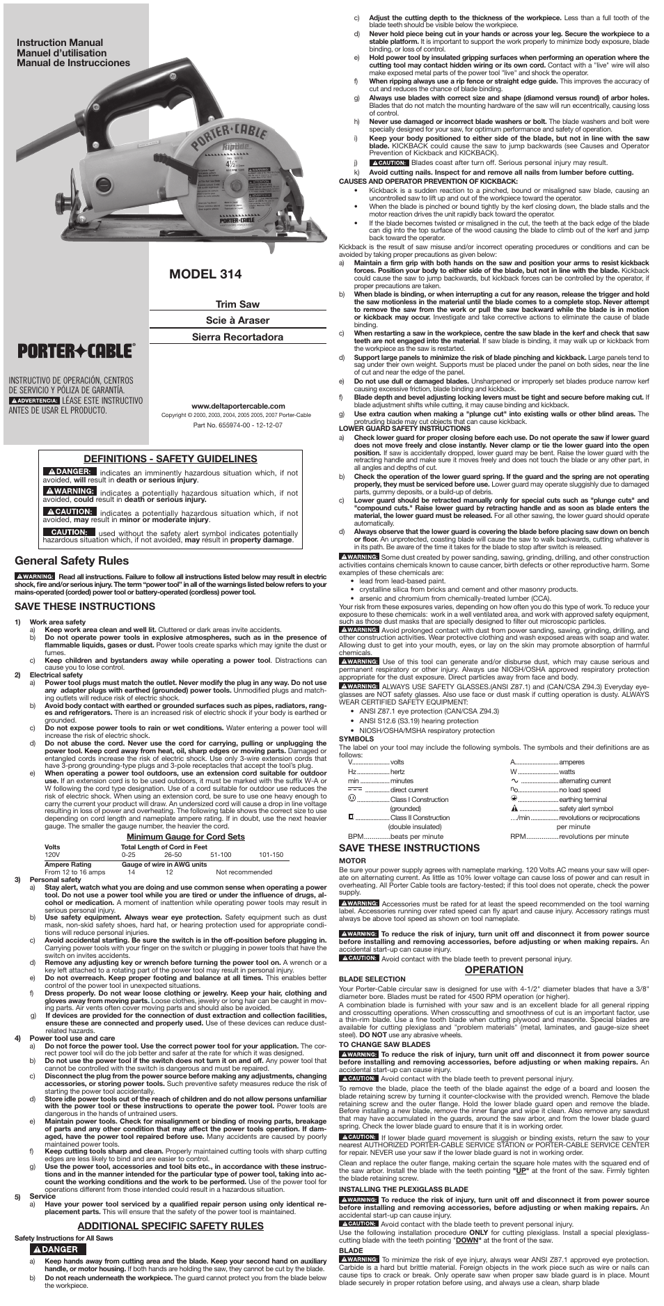 Porter-Cable 314 User Manual | 7 pages