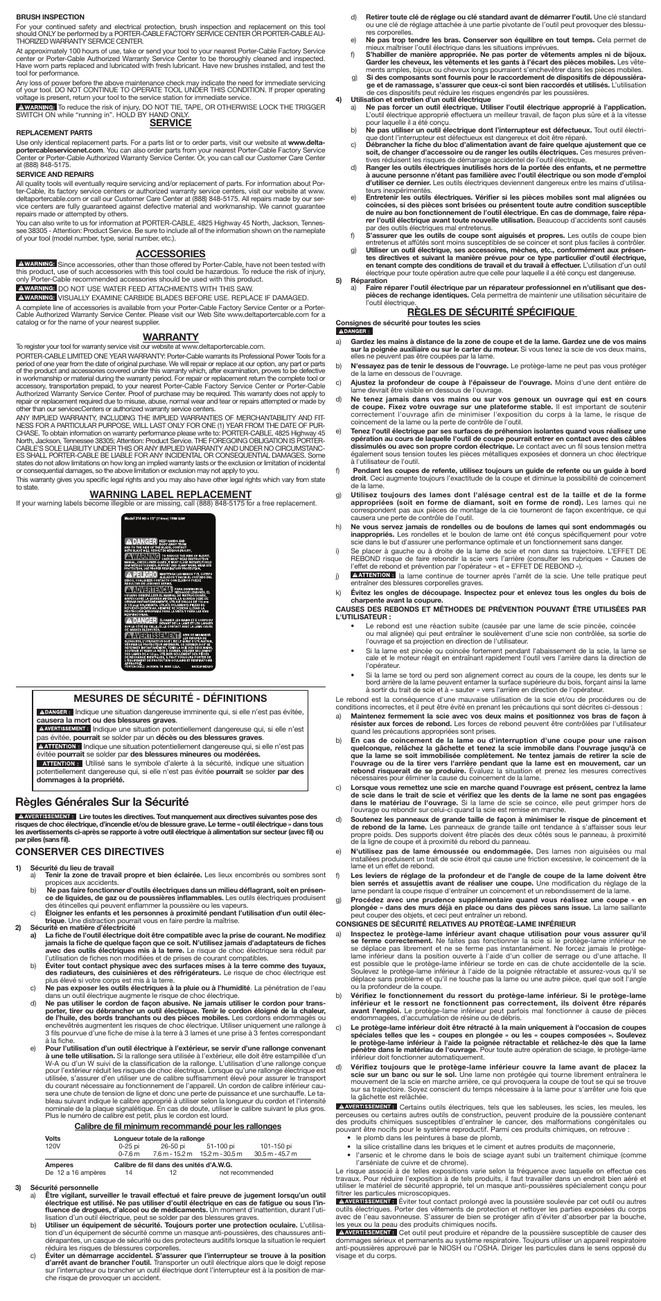 Règles générales sur la sécurité, Service, Accessories | Warranty, Warning label replacement, Mesures de sécurité - définitions, Conserver ces directives, Règles de sécurité spécifique | Porter-Cable 314 User Manual | Page 3 / 7