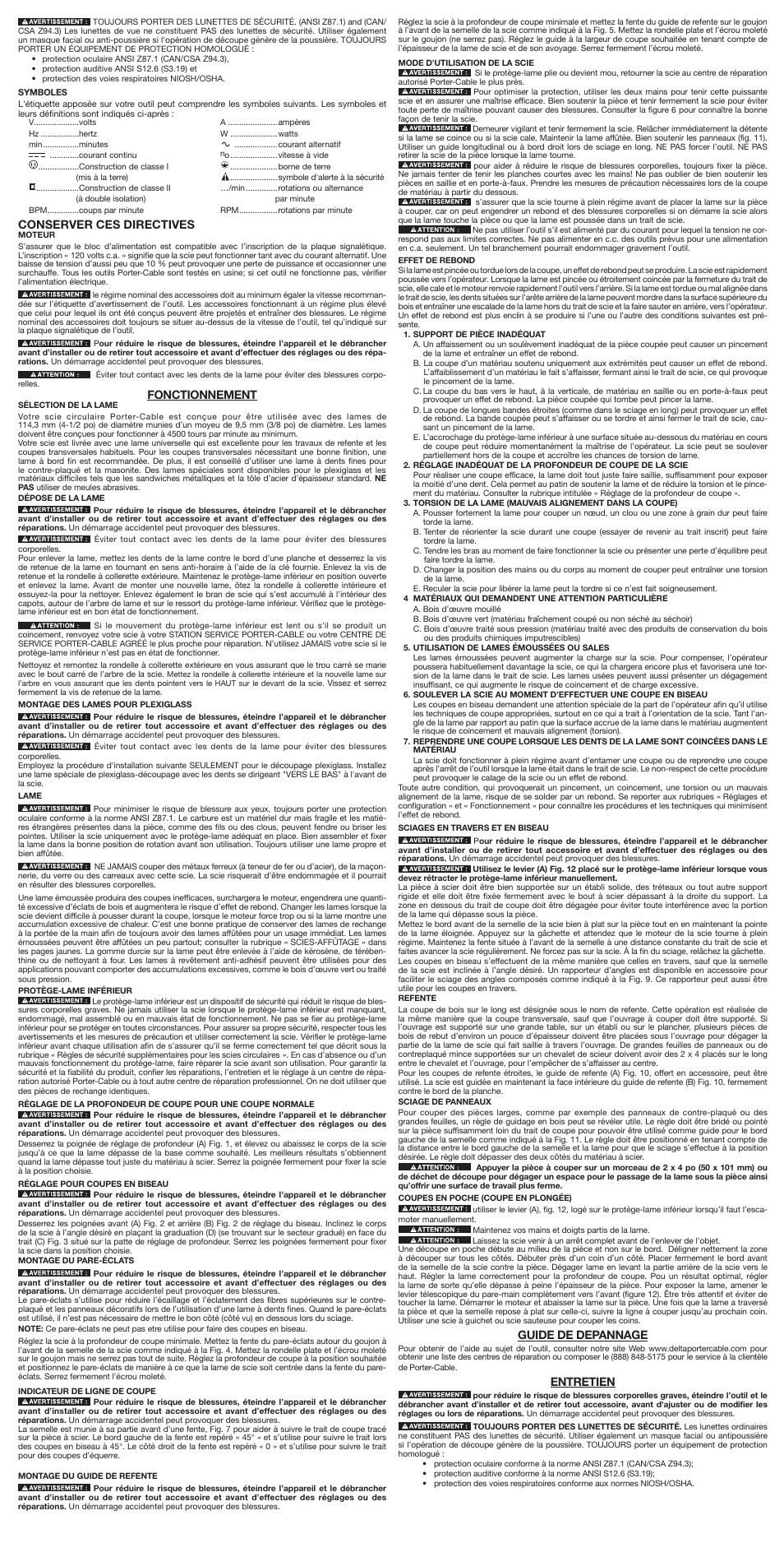 Conserver ces directives, Fonctionnement, Guide de depannage | Entretien | Porter-Cable 314 User Manual | Page 4 / 7