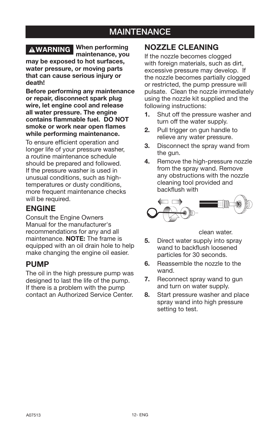 Maintenance, Engine, Pump | Nozzle cleaning | Porter-Cable A07513-0412-0 User Manual | Page 12 / 18