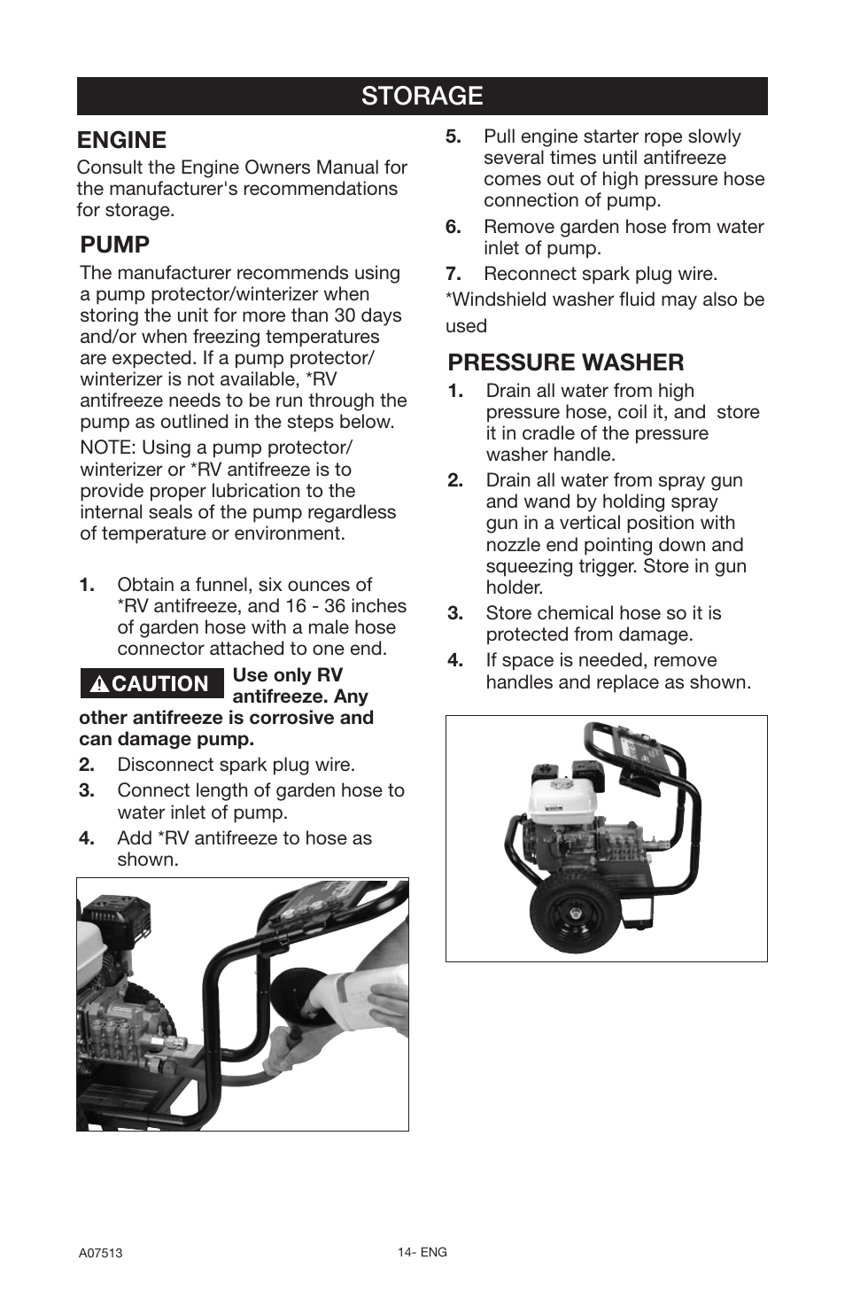 Storage, Engine, Pressure washer | Pump | Porter-Cable A07513-0412-0 User Manual | Page 14 / 18