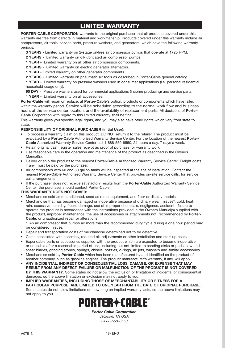 Limited warranty | Porter-Cable A07513-0412-0 User Manual | Page 18 / 18