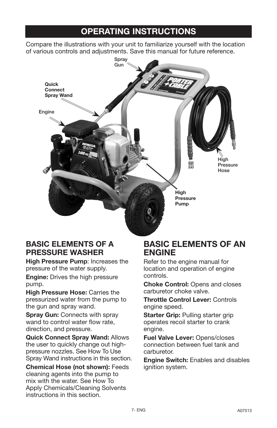 Operating instructions, Basic elements of an engine, Basic elements of a pressure washer | Porter-Cable A07513-0412-0 User Manual | Page 7 / 18