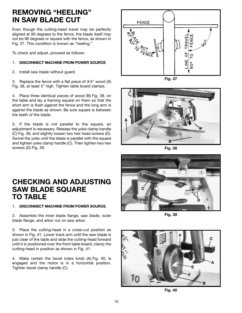 Removing “heeling” in saw blade cut, Checking and adjusting saw blade square to table | Porter-Cable RS830 User Manual | Page 16 / 30