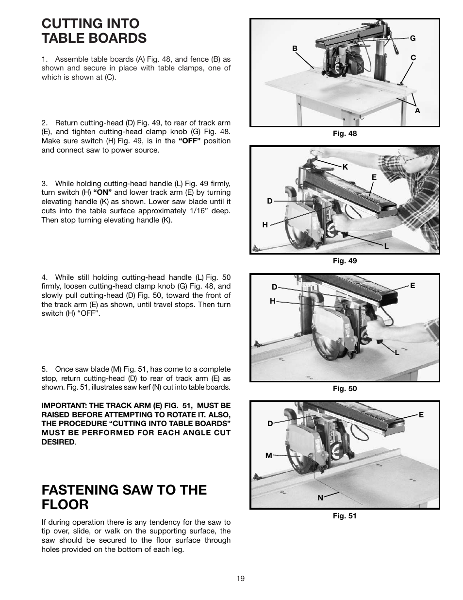 Cutting into table boards, Fastening saw to the floor | Porter-Cable RS830 User Manual | Page 19 / 30