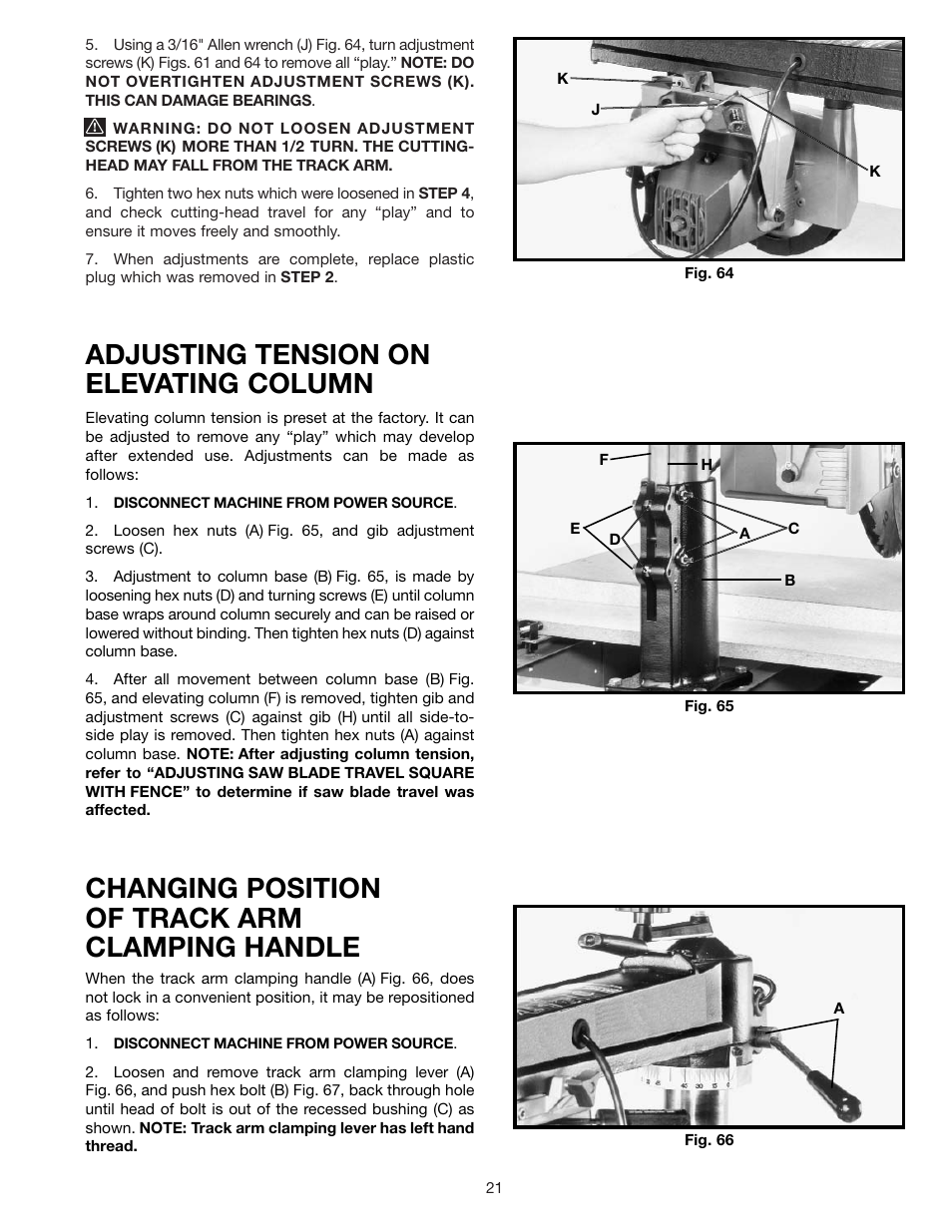 Adjusting tension on elevating column, Changing position of track arm clamping handle | Porter-Cable RS830 User Manual | Page 21 / 30