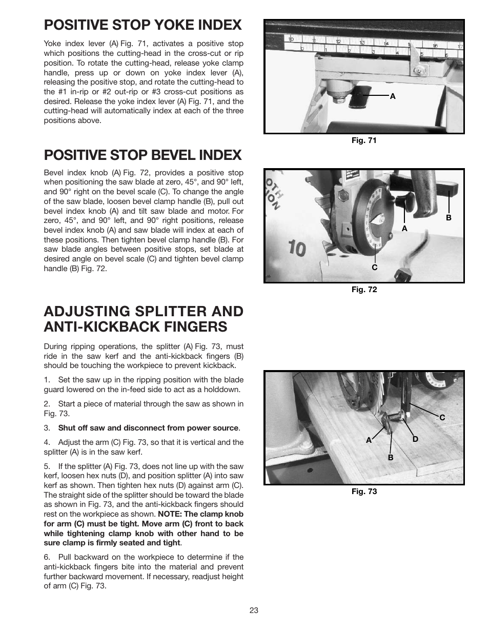 Positive stop yoke index, Positive stop bevel index, Adjusting splitter and anti-kickback fingers | Porter-Cable RS830 User Manual | Page 23 / 30