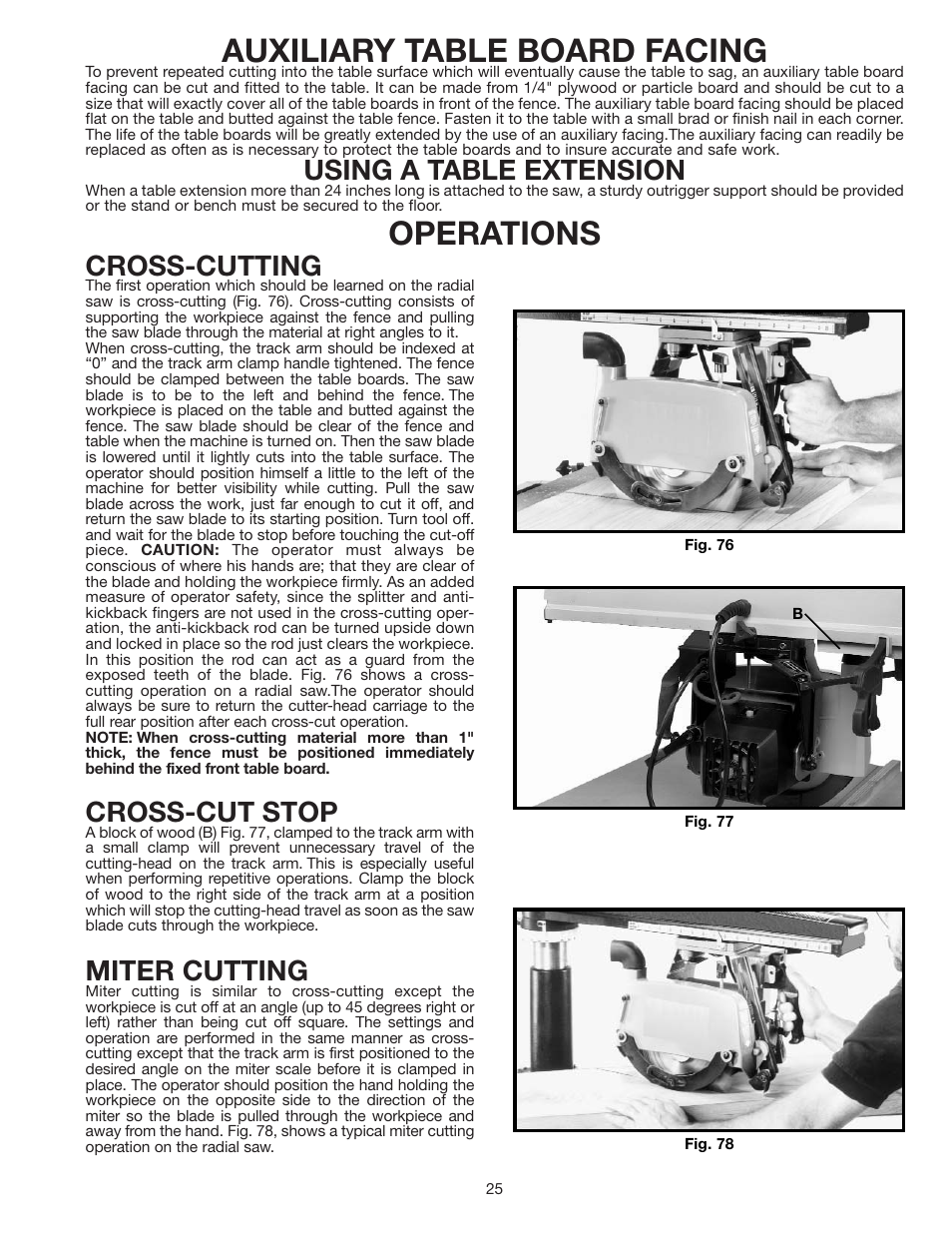 Auxiliary table board facing, Operations, Using a table extension | Cross-cutting, Cross-cut stop, Miter cutting | Porter-Cable RS830 User Manual | Page 25 / 30