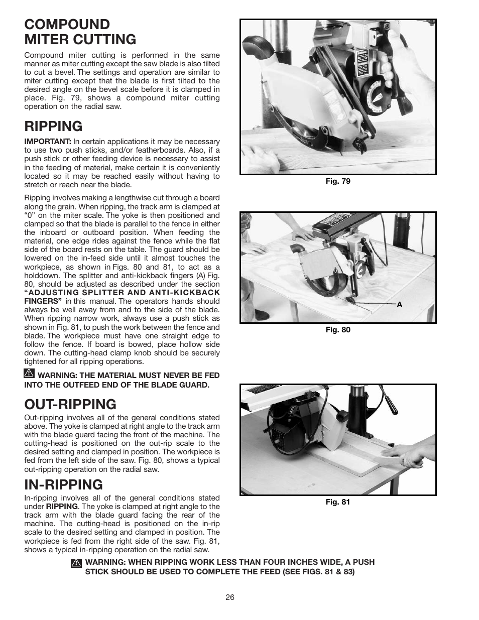 Compound miter cutting, Ripping, Out-ripping | In-ripping | Porter-Cable RS830 User Manual | Page 26 / 30