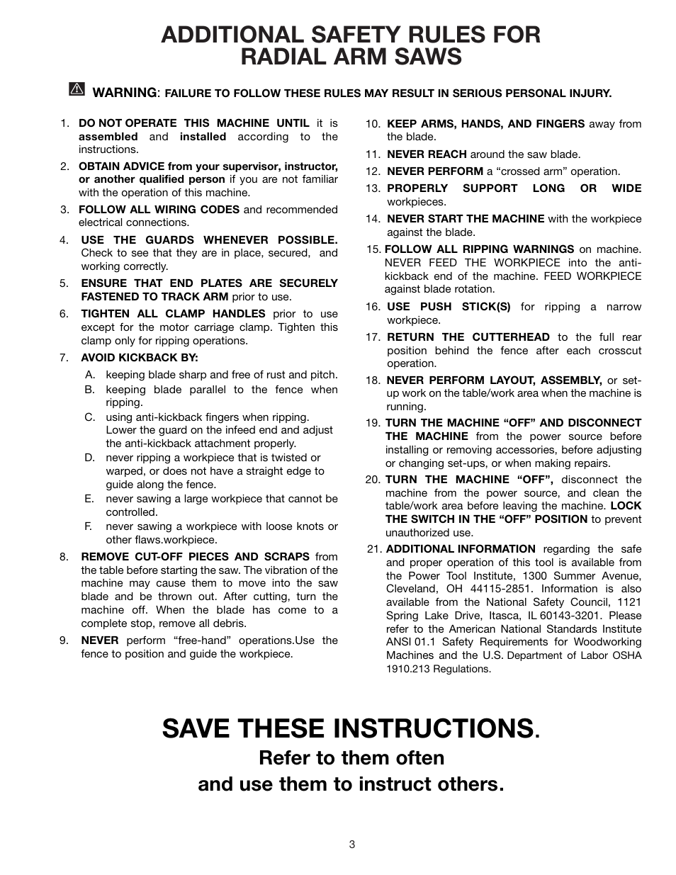 Save these instructions, Additional safety rules for radial arm saws | Porter-Cable RS830 User Manual | Page 3 / 30