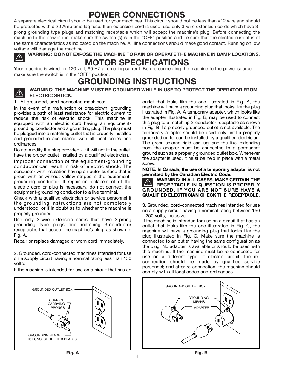 Power connections, Motor specifications, Grounding instructions | Porter-Cable RS830 User Manual | Page 4 / 30