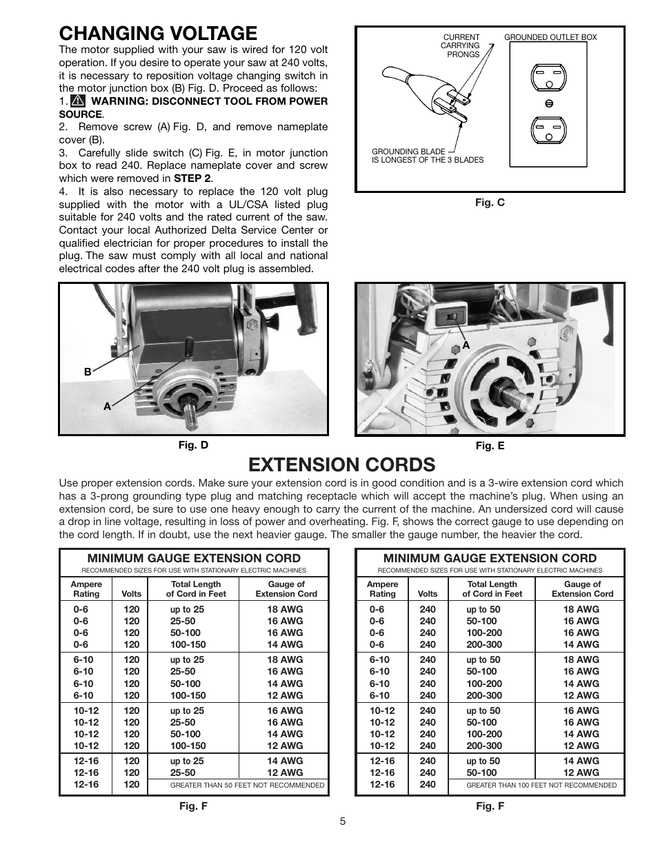 Extension cords, Changing voltage | Porter-Cable RS830 User Manual | Page 5 / 30