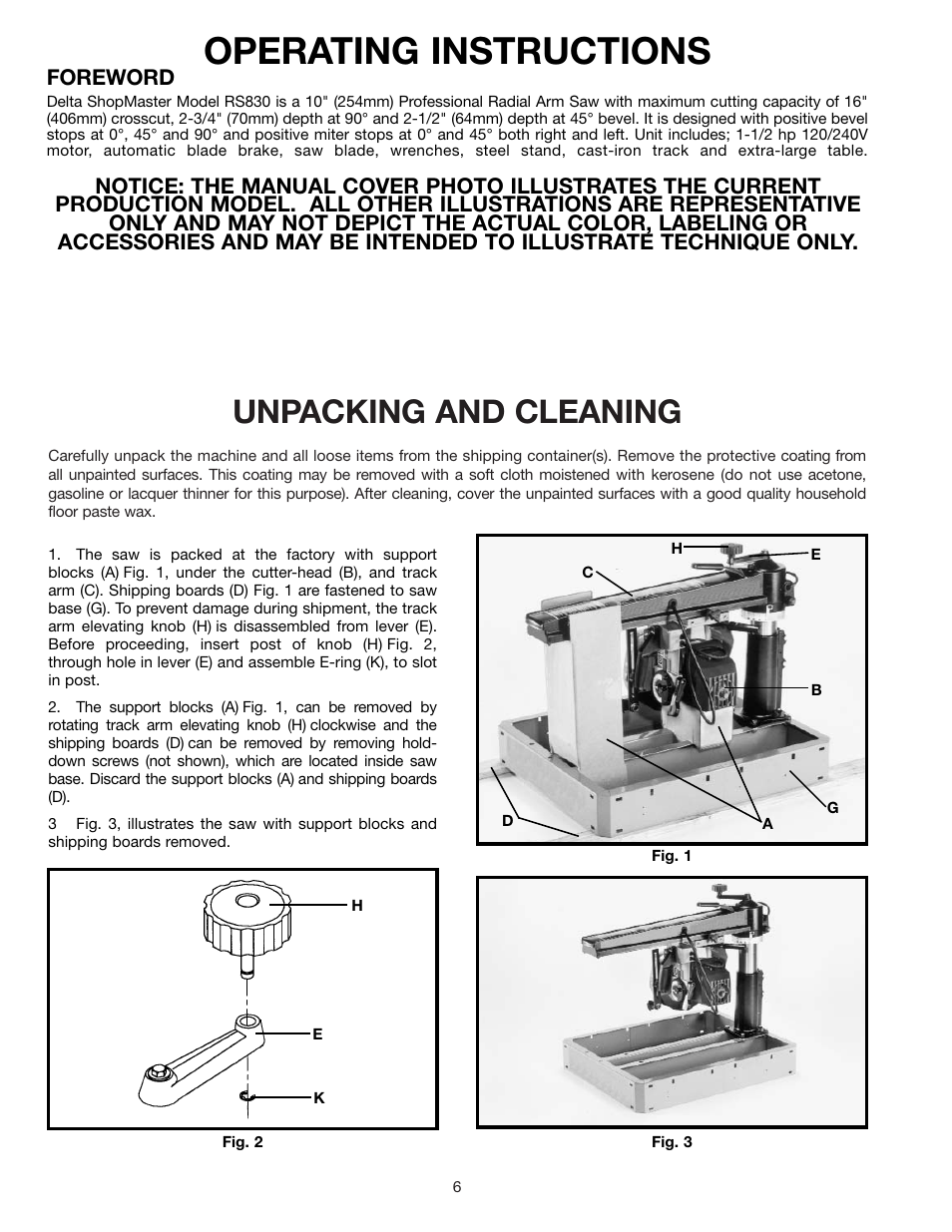 Operating instructions, Unpacking and cleaning, Foreword | Porter-Cable RS830 User Manual | Page 6 / 30