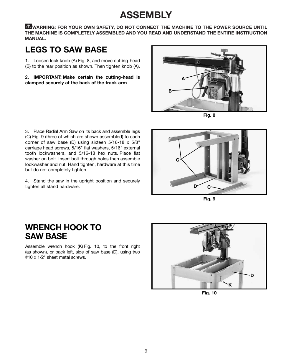 Assembly, Legs to saw base, Wrench hook to saw base | Porter-Cable RS830 User Manual | Page 9 / 30